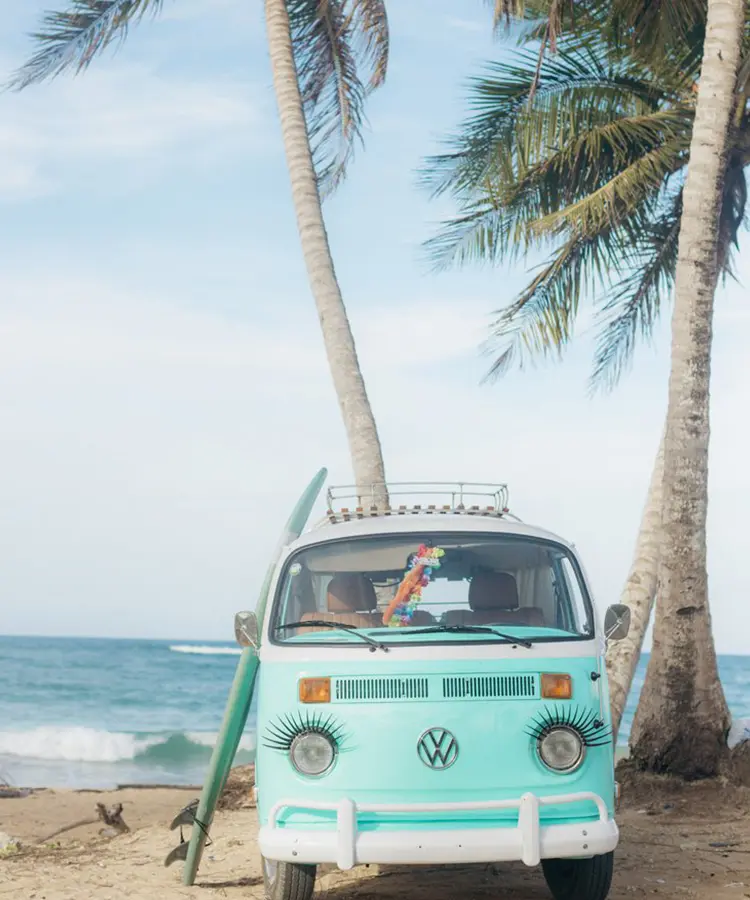 A van parked on the beach with palm trees