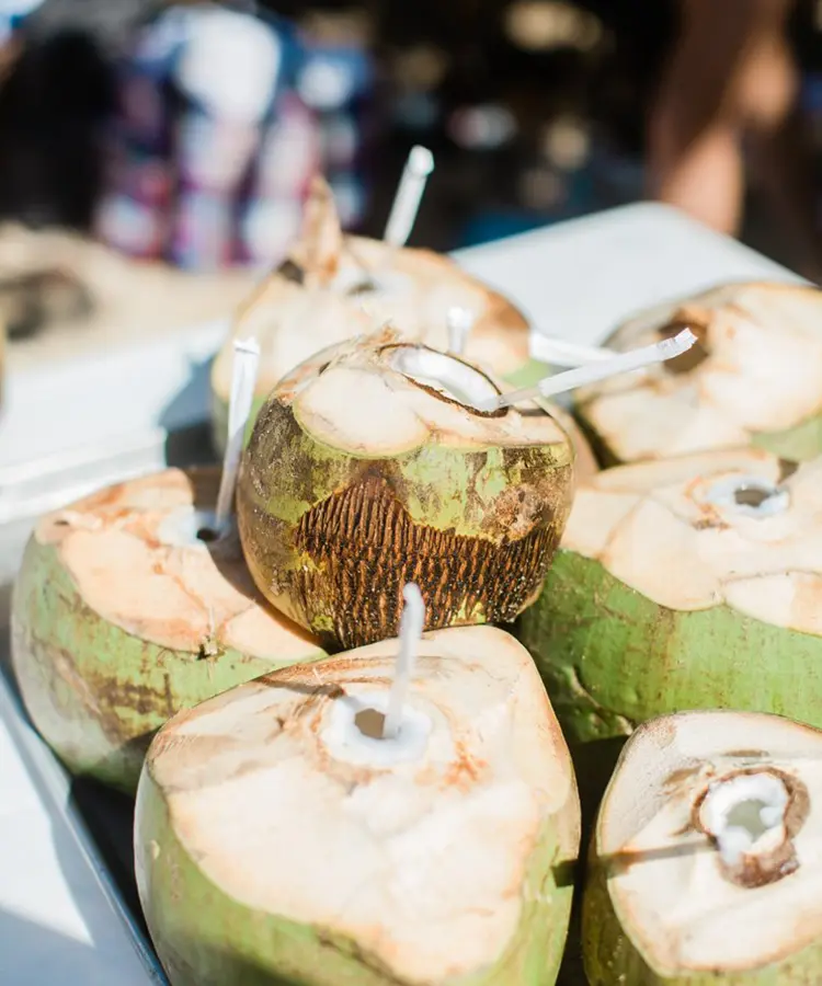 A close up of coconuts on the table