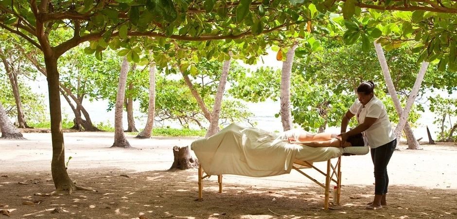 A massage table in the shade of trees