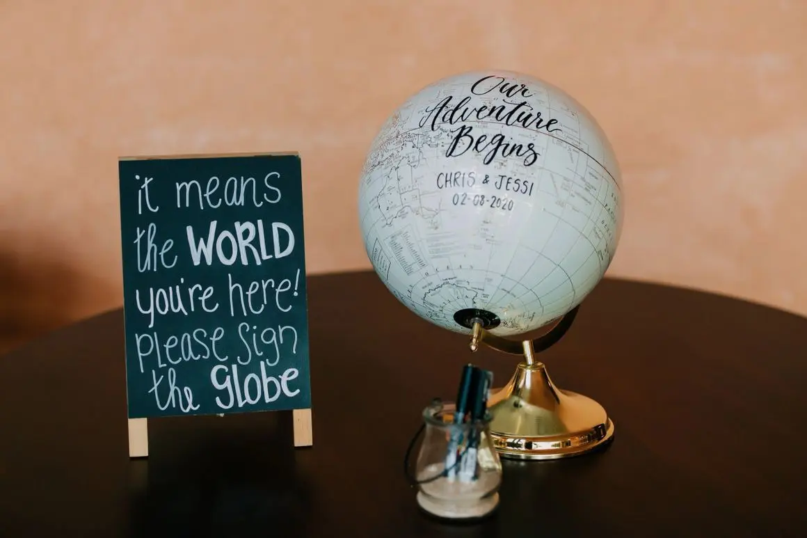 A globe and sign on the table with a chalkboard
